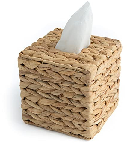 KOLWOVEN Tissue Box Holder - Square- Rattan Wicker Tissues Cube Box Cover -Boho Decorative Woven Facial Tissue Holder on Table and Barthroom (Square)