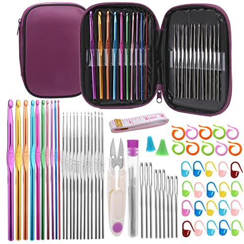 Doxiru 66 Pezzi Set di Uncinetti, 22 Misure 0,6mm-6,5mm Ferri da Maglia Ergonomici Aghi Smussati Pennarelli Strumenti Artistici per Lavoro a Maglia a Mano Fai-da-Te per Principianti