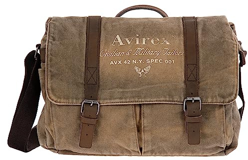 Avirex Borsa Messenger in Canvas e Pelle Bovina Anticata, Cartella a Tracolla Regolabile in Stile Militare, Collezione 140506 CNV0M (Verde Kaki)