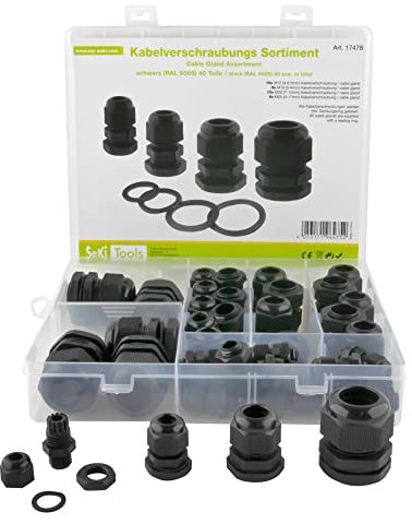 SeKi Glándulas de cable surtido, 40 piezas, M12, M16, M25 y M25, color negro, incluye contratuerca y anillo de sellado, IP68 resistente al agua de plástico Cable Gland