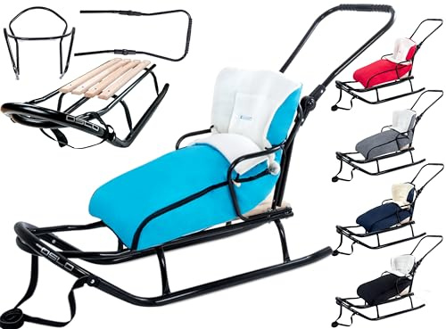 Luge GagaDumi Oslo en métal avec Dossier avec Ceintures de sécurité, Barre de poussée et chancelière, Luge pour bébé, idéale pour Les Enfants et Les Adultes, Charge jusqu'à 120 kg (O2-Turquoise)