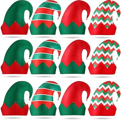 Yaomiao 12 Pcs Christmas Elf Felt Hat Green Red Elf Hats Bulk with Bell Santa Hat for Christmas Party Costume Favors(Lovely)