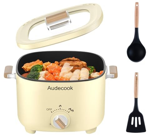Audecook Elektrischer Hot Pot, 2.5L Tragbare Multikocher für 1-3 Personen, Antihaftbeschichtung mit Wabentextur, Elektrischer Reisetopf Wokpfanne für Steak/Nudeln/Suppe/Ei (Beige)
