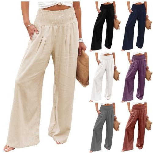 KONG JIMFAN Hosen Damen Kurze Leinenhose Damen Leinenhose Damen Sommer Freizeithose Lang Damen Leinenhose Weite Beine Schwarze Hose Damen Elegant Schlupfhose Damen Hüfthose Damen(Khaki,XXL)