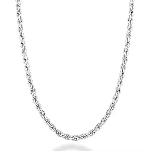 JoyasMinerales Collar Cadena Acero Inoxidable Trenzado para Hombre o Mujer - Plata o Oro - 2mm/3mm/4mm/6mm Ancho - 45-55cm Largo - Con Caja de Joyería (Plata 2mm, 45)