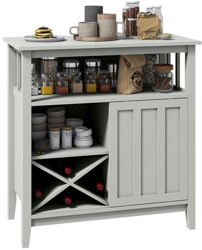 HOMCOM - Mueble de Almacenamiento para aparador, Cocina, con Estante Ajustable, portabotellas, Puerta corredera, 2 Filas, portavasos y nicho Abierto, 80 x 40 x 82 cm, Color Gris