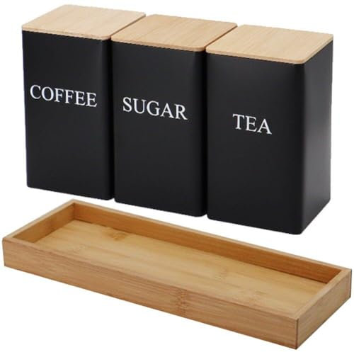 Muteitt Boîtes À Thé, Café Sucre, Ensemble De 3 Boîtes, Boîte De Rangement en Métal pour Café, Sucre Thé, Pots De Rangement De Cuisine avec Couvercle Plateau en Bambou