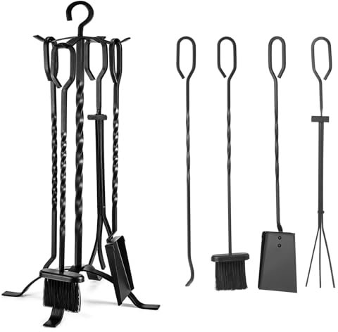 Kaminbesteck Schwarz, 5-teilig Schürhaken Kamin, 65CM Kaminbegleiter-Set, Ofenbesteck Kaminbesteck mit Schaufel, Besen, Schürhaken, Zange & Halter, Kaminwerkzeug für Ofen,Kamin-Werkzeugständer