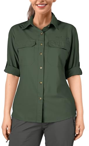 33,000ft Women's Hiking Shirts UPF50+ UV Protection Outdoor Shirt Quick Drying Casual Shirts Long Sleeve Functional Shirt for Fishing Walking Safari Golf Dark Green M