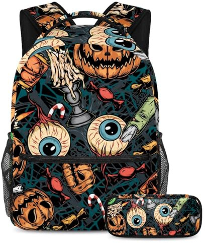VAPOKF Ensemble de cartable d'Halloween en forme de boule oculaire humaine pour adolescentes, filles, garçons, enfants, étudiants, sac à dos avec trousse à crayons pour primaire, secondaire, lycée,