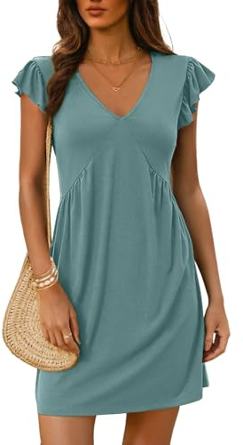 Dokotoo Robes Femme Été 2025 d'été décontractées Col en V Manches à Volants Mini Robe d'été Couleur Unie Manches Courtes de Plage Robe décontractée Ample S-XXL