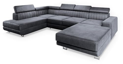 Masseno Ecksofa Siena L-S mit Schlaffunktion U-Form, Sofa mit Bettkasten, Wohnzimmersofa, Couch, Soffa, Bettsofa, Couchgarnitur- Grau, Monolith 85