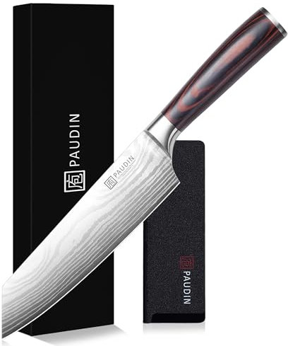 PAUDIN Santokumesser 20 cm, Japanisches Kochmesser Kiritsuke, Scharfes Küchenmesser aus Hochkohlenstoff Edelstahl, Ergonomischer Griff, Perfekt für Fleisch, Fisch & Gemüse