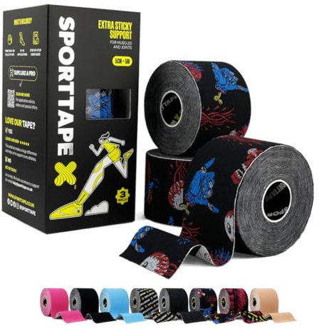 SPORTTAPE Kinesiology Tape - 5cm x 5m, 3 Rolls, Punk - Extra Sticky | Kinetic Physio Tape for Muscle Injury Recovery, Sports Strapping, Knee Pain, Joint Support & Blisters - Single Uncut Rolls