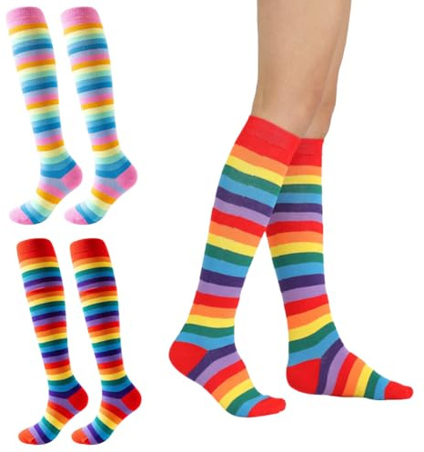 2 Pares Extra Largos Calcetines Sobre la Rodilla Hasta el Muslo de Rayas Arcoíris de Algodón para Mujer