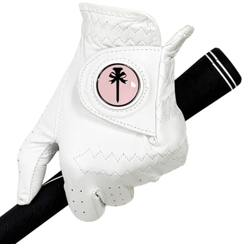 Swig Sip Womens Cabretta Leather Golf Glove Left Hand All-Weather Breathable Design with Ball Marker Ladies Golf Gloves for Training & Golfing(Pink,20)