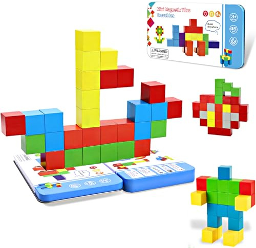 Mini Juego de Viaje de Bloques Magnéticos-45 piezas Cubos Magnéticos Bloques Magnéticos para Niños Número de Bloques de Construcción Magnéticos Juguetes Educativos de Construcción Preescolar Regalo 3+