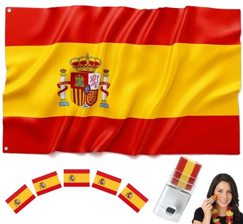 BIORYC® Bandera España Exterior 150x90 cm. Bandera Poliéster Reforzado 110g/m² y 2 Ojales de Metal. Para Balcón, Jardín. Incluye: Pintura Cara Bandera de España y Pegatinas. Mundial 2026 (SP_P)
