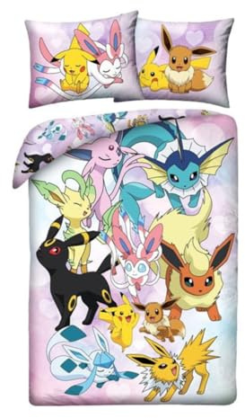 POKEMON Pikachu EEVEE EVOLUTION - Sängkläder Set påslakan 140 x 200 cm + örngott 70 x 90 cm - Vändbar - 100 % POLYESTER - Flerfärgad
