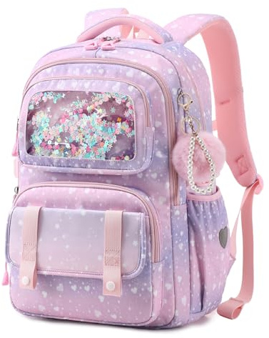 Sisipoet Cartable Fille Primaire, Sac à Dos Imperméable du CP au CM2 | Sac d'école Fille Primaire avec Fenêtre Transparente, Bretelles Respirantes, Bandes Réfléchissantes pour les Voyages