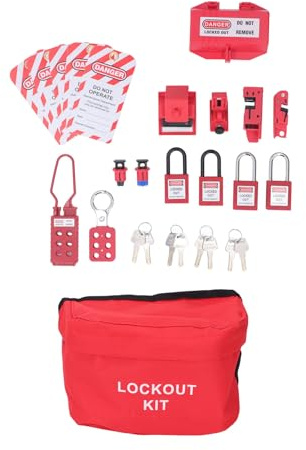 Adfaga Kit di tagout per blocco elettrico Lucchetti di sicurezza per carichi pesanti Serrature per interruttori automatici Blocco per prese con etichette con fermagli Borsa di stoc