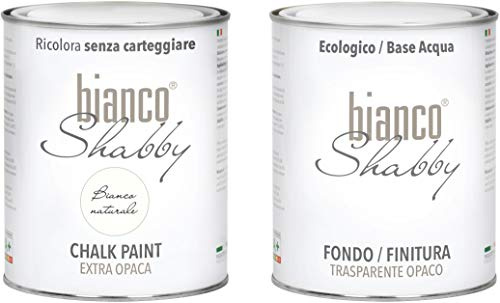 bianco Shabby Pintura a la Tiza Blanca Natural + Acabado - 1L Chalk Paint Blanco Mate + 1L de Acabado para Muebles y Paredes de Madera en Exterior - Decoración del Hogar
