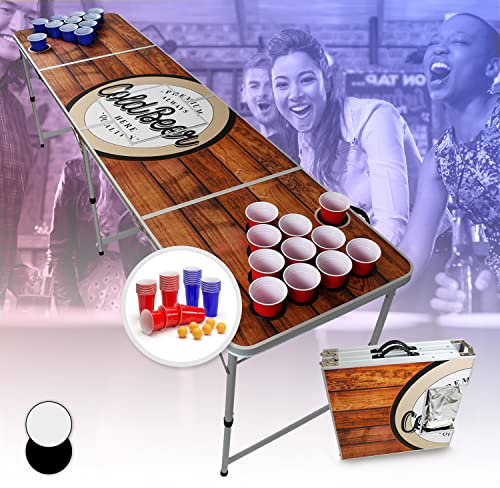 Beercup Bierpong Tische, Beer Pong Set für Partyspiele, Beerpong Tisch Klappbar & Höhenverstellbar, Beer Pong Tisch mit Red Cups-Becherhalter, Bierpong Tisch Wasserfest, Bierpongtisch mit Eisfach