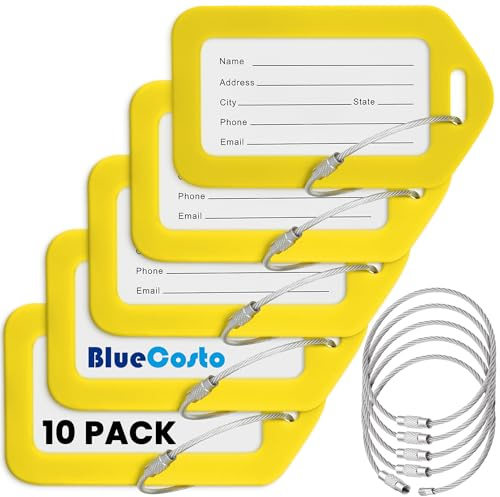 BlueCosto Luggage Tags (Small, Yellow, 10 PK) - Suitcase Tags w/Name ID Card & Heavy-Duty Metal Wire Loops - Bright Coloured PVC Tags for Travel Baggage - Backpack Name Labels