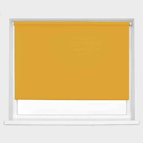Ochre Blackout Roller Blind Metal Fittings Trimmable UV Protection Thermal Properties Premium Fabric Home Office Bedroom Kids Room Child Safe Easy Fit 90cm Width x 160cm Drop