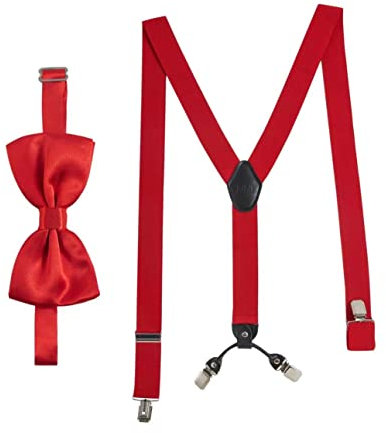Massi Morino Hosenträger mit Fliege Rot Set für Herren und Damen I Y-Form Träger elastisch mit extra starken Clips - 3,5cm breit - längenverstellbar I Vorgebundener Schlips für Anzug