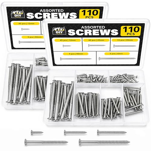 SOL 220pk Wood Screws Assortment Countersunk Screw Set with Storage Box for DIY and Repairs Mixed Stainless Steel Screws for Wood Self Tapping Assorted Screws Wall Rust-Free Flat Head Screws