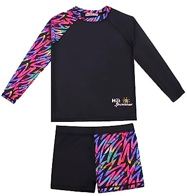 weVSwe Mädchen Rash Guard UPF 50+ Schutz Badeanzug Meerjungfrau Skala Langarm Boxershorts Zweiteiler Bademode Schwarz Regenbogen 12 Jahre