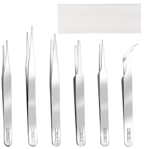 YIXISI 6 Styken Precisionspincettset, Professionell Pincett i Rostfritt Stål med Fin Spets, Industriell Pincett, med Mikrofiberdukar, för Hantverk, Elektronik, Lödning, Experimentellt, Silver