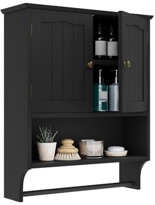 Smuxee Black Bathroom Cabinet Wall Mounted with Towels Bar, Medicine Cabinet with 2 Door Adjustable Shelves, Over Toilet Cabinet for Bathroom Laundry Room Kitchen