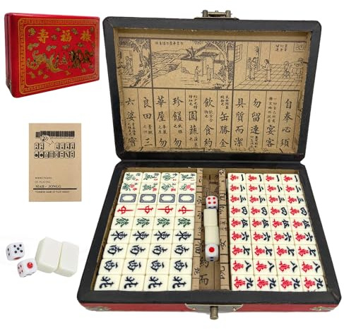 TourKing Chinese Mahjong Mah Jongg Board Game Set With 144PCS Mahjong Tile Set, 2PCS Dot Dice & 6.7” Wooden Carry Case for Travel, Family Gathering, Party,Gift For Christmas
