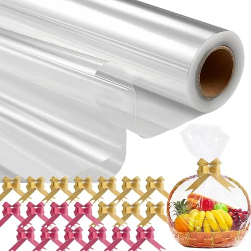 ZCOINS 80cm breite Rolle Cellophanfolie groß, Rollenlänge 30m Blumenfolie Geschenkfolie transparent, Durchsichtiges geschenkpapier mit 20 Geschenkbandschleifen für Geschenke, Spielzeug