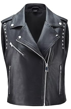 WYOYW Women Faux Leather Vest Rivet Moto Biker Vest Pu Leather Motorcycle Waistcoat Black XL