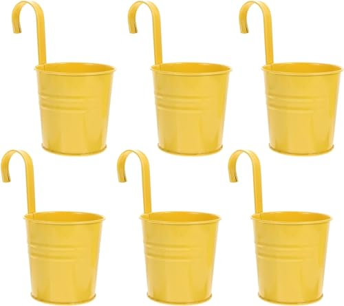 Wensmy 6 Stück Metall-Eisen-Blumentopf, Vase, zum Aufhängen, Balkon, Zaun, Pflanzgefäße mit Haken, Garten, hängender Blumenhalter mit Ablaufloch für Geländer, Zaun, Balkon (6 Stück, gelb)