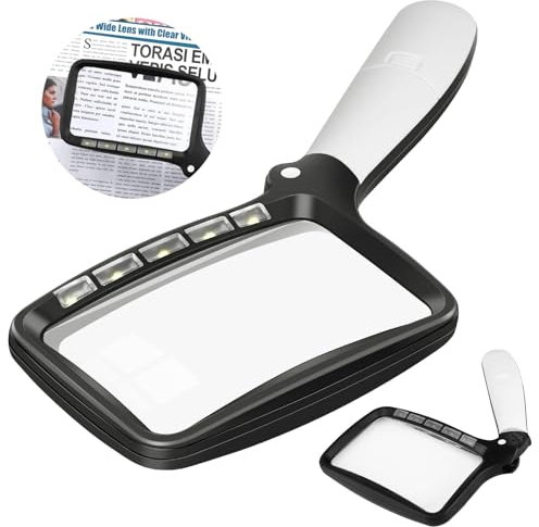 VidFair Folding Handheld Magnifying Glass with Light, 3X Large Rectangle Reading Magnifier with Dimmable LED for Low Vision Seniors, Lightweight LED Magnifier for Reading Books, Newspaper, Small Print