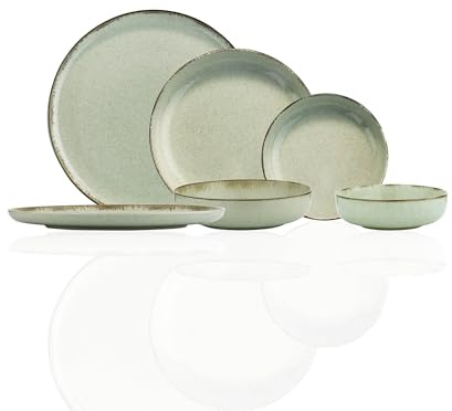 KUTAHYA PORSELEN Service de vaisselle, bols et assiettes en porcelaine | Service de table en porcelaine avec assiettes plates et assiettes creuses | Passe au lave-vaisselle (vert, lot de 12 pièces,