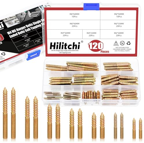 Hilitchi 120Pcs 7Sizes M4 M6 Hanger Bolts Double Headed Bolts Wood Dowel Screw Self-Tapping Screw Hanger Bolts Double Screw Threaded Rods Bolt Colored Zinc Plating Hanger Bolts for Furniture