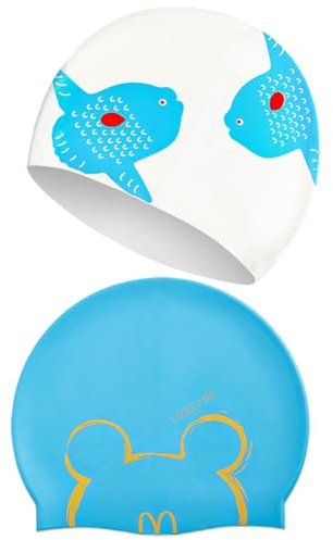 2 Pezzi Cuffia Piscina Bambino,Cuffia da Nuoto Bambini per Piscina,Cuffia Piscina Uomini E Donne in Silicone, Ipoallergenica, Elastica e Soffice al tatto per Capelli corti e lunghi (Blu)