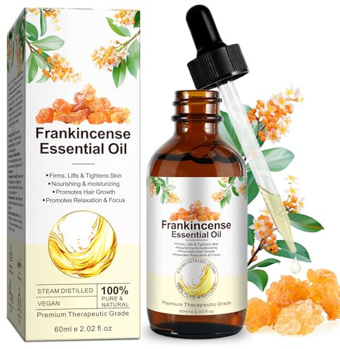 Frankincense Oil, 60ml Ätherisches Weihrauchöl für Gesicht und Körper, Reduziert feine Linien, Dehnungsstreifen, spendet Feuchtigkeit und beruhigt Haut, Duftöle für Aromatherapie, Hautpflege, Massage