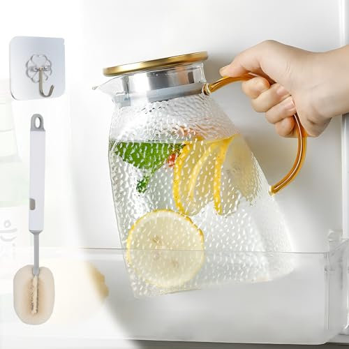 1,8 L/63 oz Jarra para Agua Cristal Borosilicato Alto, Jarra de Agua de Vidrio con Tapa y Asa, Jarra de Cristal para Té Helado, Jarra para Bebidas Frías/Calientes, Jarra de Agua para Puerta Nevera (A)