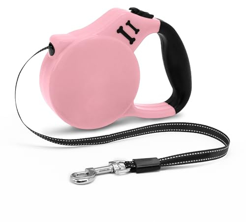 AIITLE Laisse rétractable Robuste de 5 m pour Petits Chiens, Ruban réfléchissant en Nylon, Verrouillage et Frein instantanés, poignée Ergonomique antidérapante – Limite de 15 kg, Rose