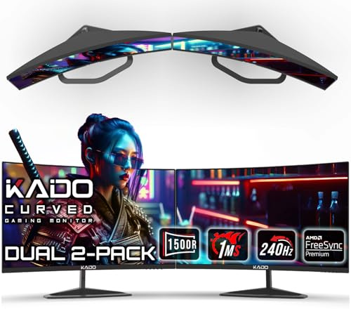 Kado Dual Gaming Monitor Setup - 2-Pack 24.5 240Hz 1ms Curved 1500R 1920x1080, AMD FreeSync Premium, Panoramic Gaming Multi-View Split Screen Streaming, VESA Mount HDMI DisplayPort Built-in Speakers