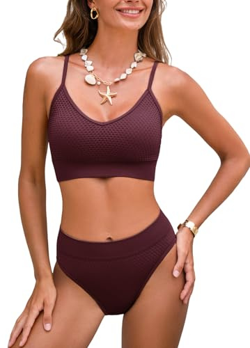 CUPSHE Women's Bikini Sets Two Piece Swimsuit Sporty Mid Rise Scoop Neck Adjustable Spaghetti Straps Textured Midkini, L