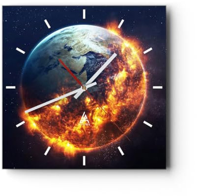 Modern Wanduhr Universum Erde Feuer Globus 30x30cm Quadrat Klein Wand Uhr Glas Analog Zimmeruhren Küche Büro Wohnzimmer Glasuhr Wall Clock Dekoration Design Wanddekoration Küchenuhr C3AC30x30-2875