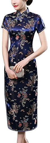 Laogudai Robe Asiatique Traditionnelle Femme Longue Robe Chinoise Qipao Motif Dragon et Phénix Col Montant Cheongsam Qipao à Manche Courte pour Soirée Cérémone Cocktail 40 Bleu foncé