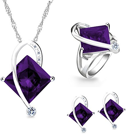 Uloveido Einzigartige White Gold Plated Große Quadratische Simulierte Amethyst Halskette Durchbohrte Ohrringe Bypass Ringe mit Klaren Zirkonia für Frauen (Lila, Größe 52) T295